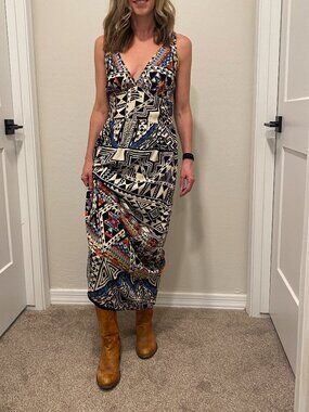 Angie Boho Tribal Print Maxi Dress M Adjust Straps Plunge Neck Festival Summer
